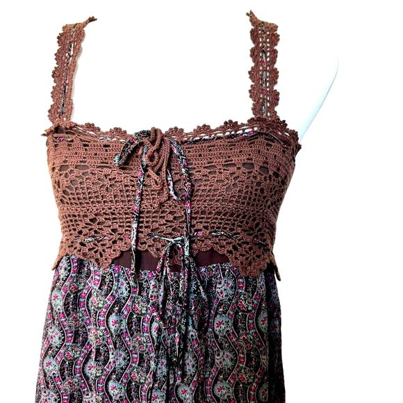 ANNA SUI Small Dress Brown Crochet Pink Blue Floral Silky Boho Babydoll Hippie - Picture 1 of 9
